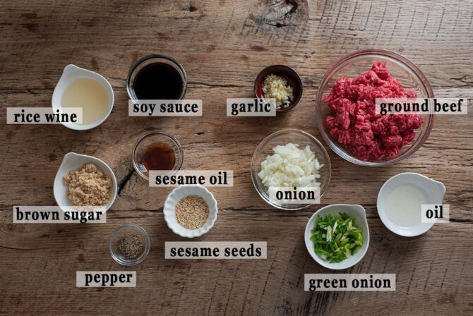 Ingredients for making ground beef bulgogi are presented.