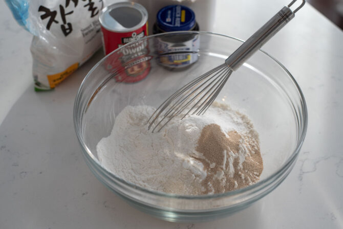 Mix flours and yeast in a bowl to make Hotteok.
