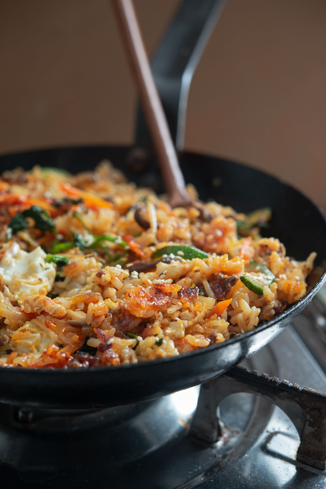 Dolsot style bibimbap is made in a skillet