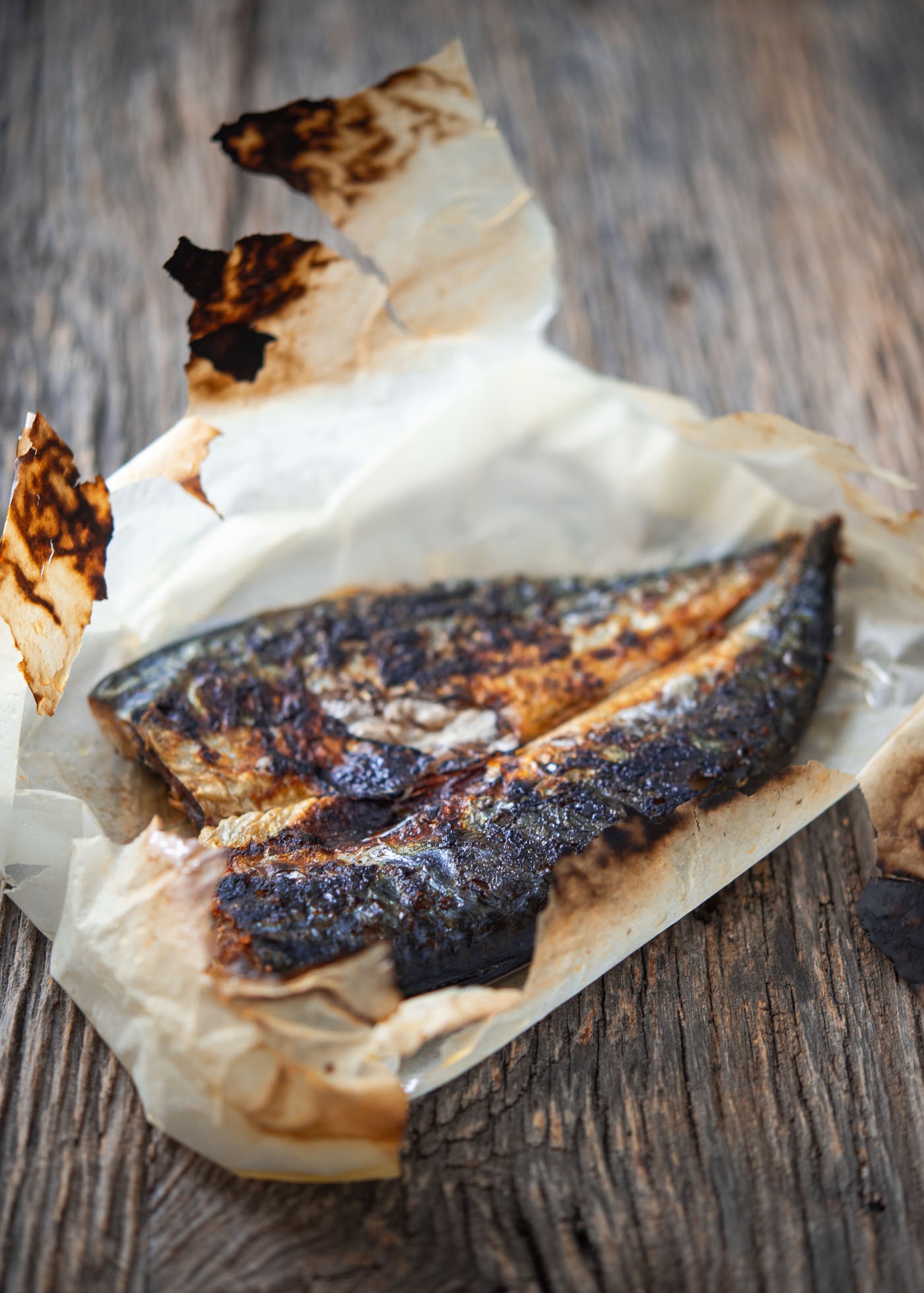 Mackerel fish grilled in a parchment paper.
