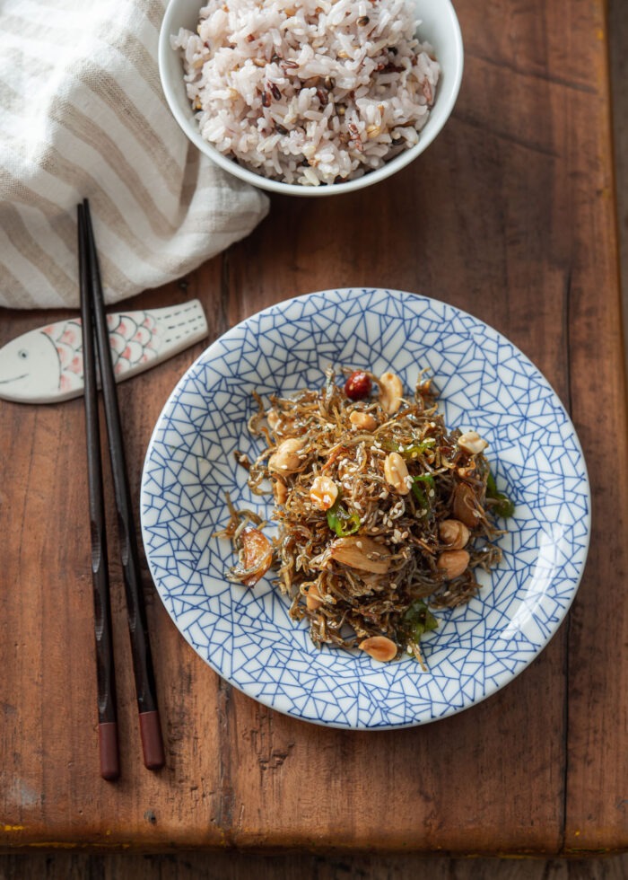 Tiny anchovies and peanuts side dish is served with rice