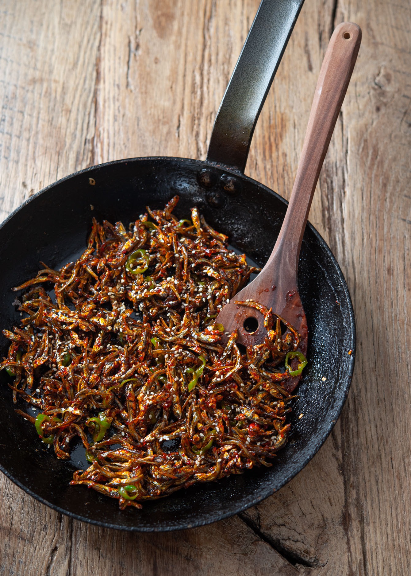 Gochujang anchovy side dish is made in a skillet