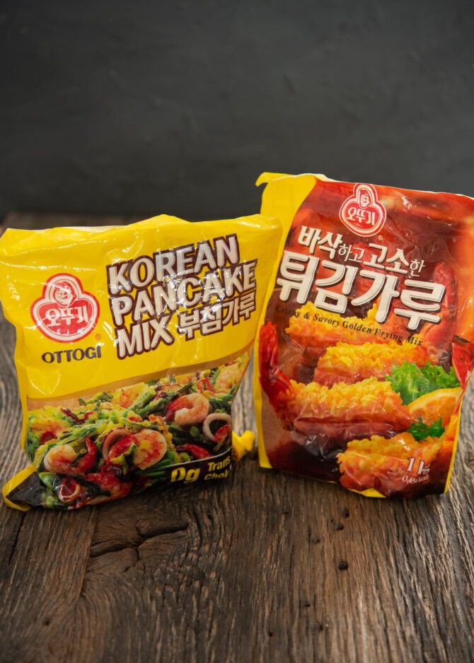 Korean pancake mix and frying mix packages are shown together