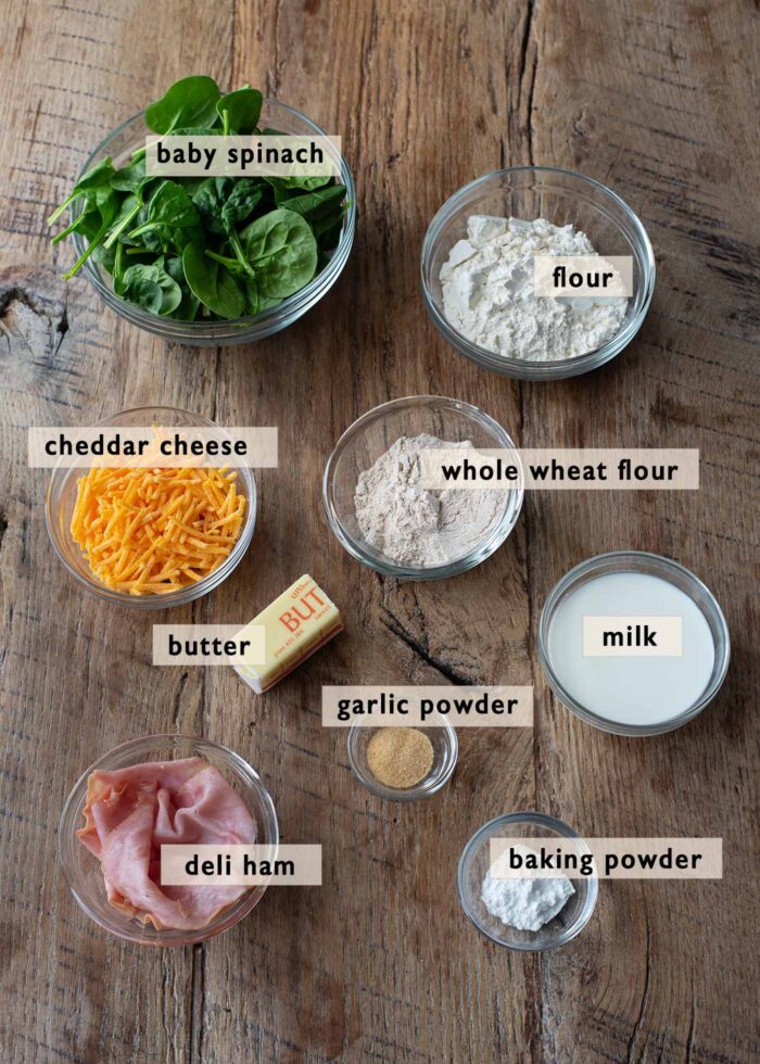 Ingredients for making savory waffles with spinach are presented