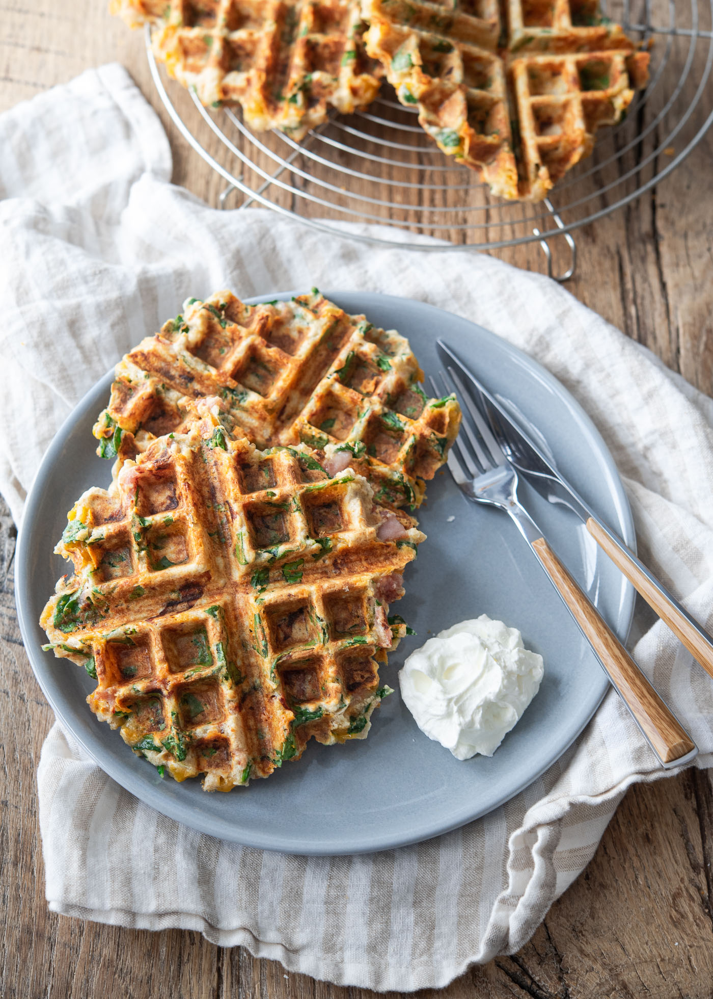 Savory Waffles with Spinach, Ham and Cheese 