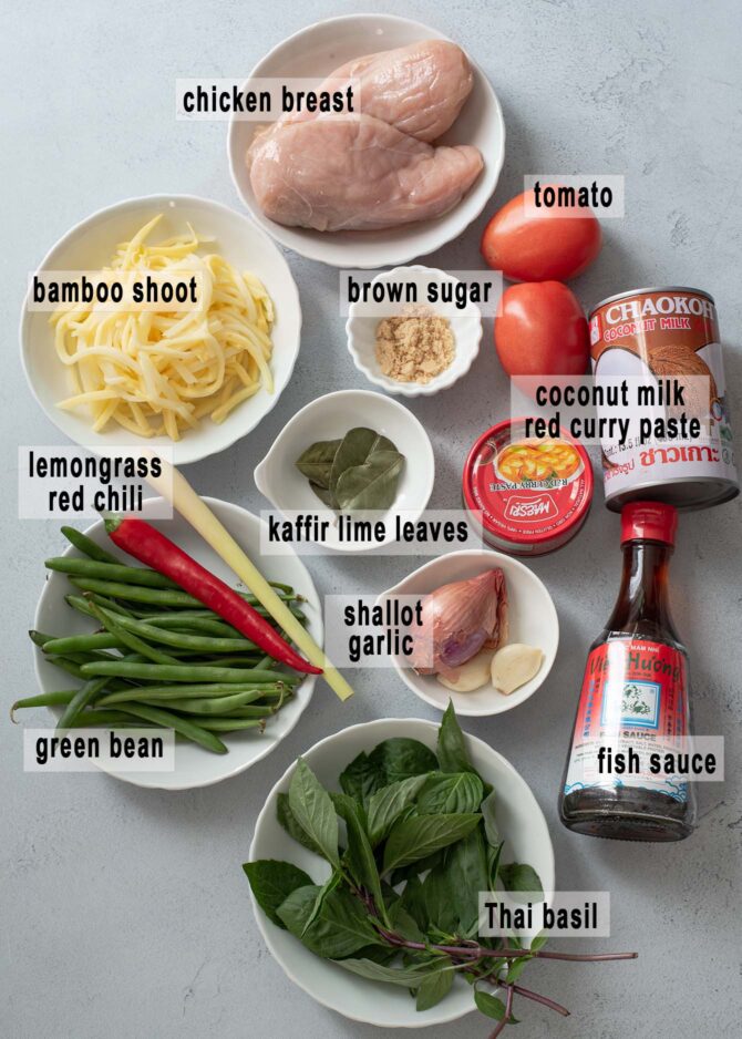 Ingredients for making Thai red curry with chicken and vegetables are presented