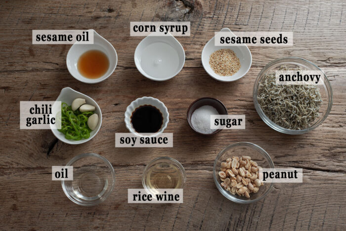 Ingredients for Korean anchovy side dish with peanuts are presented