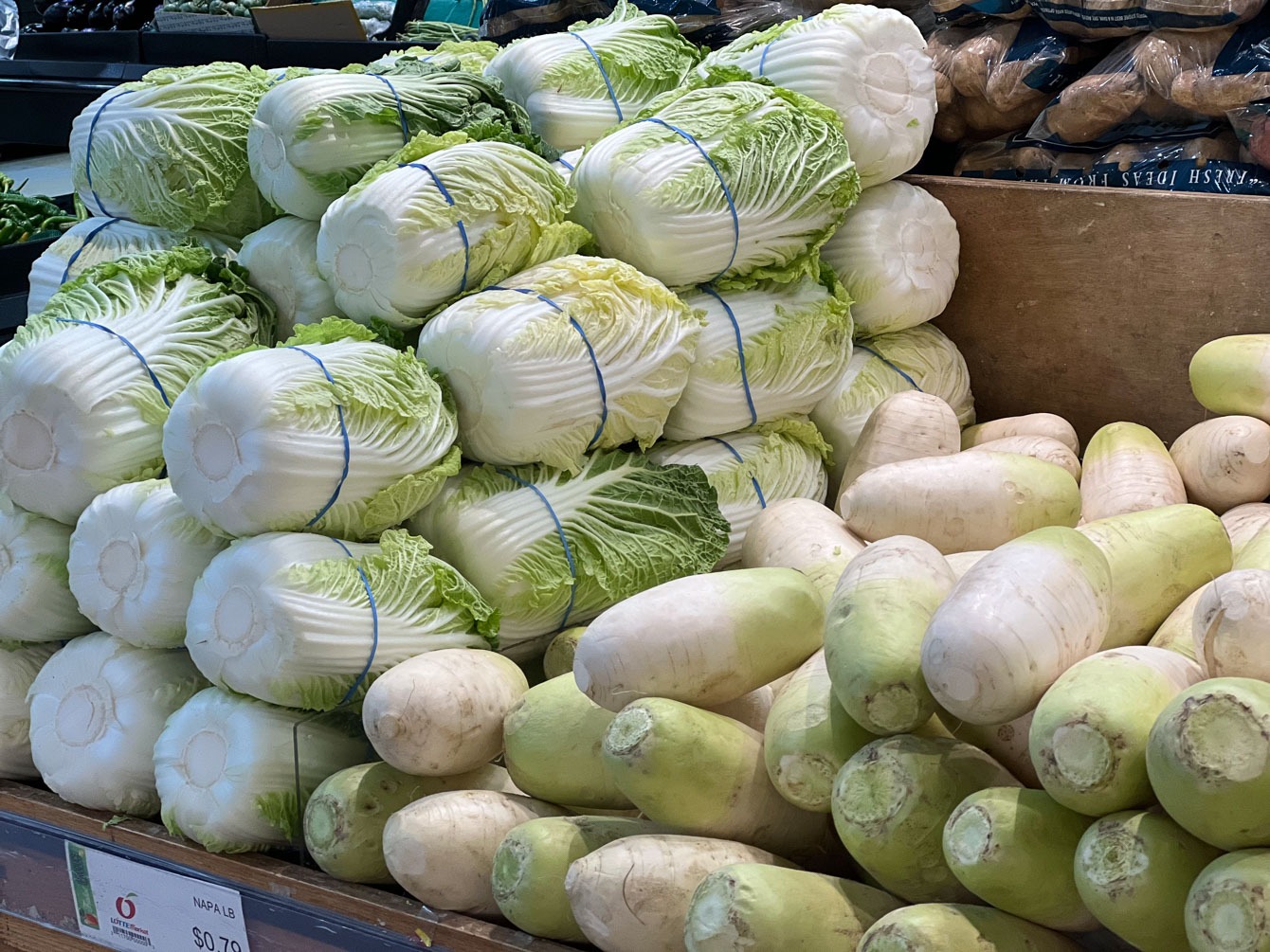 Napa cabbage and radish as Korean produce and vegetables.
