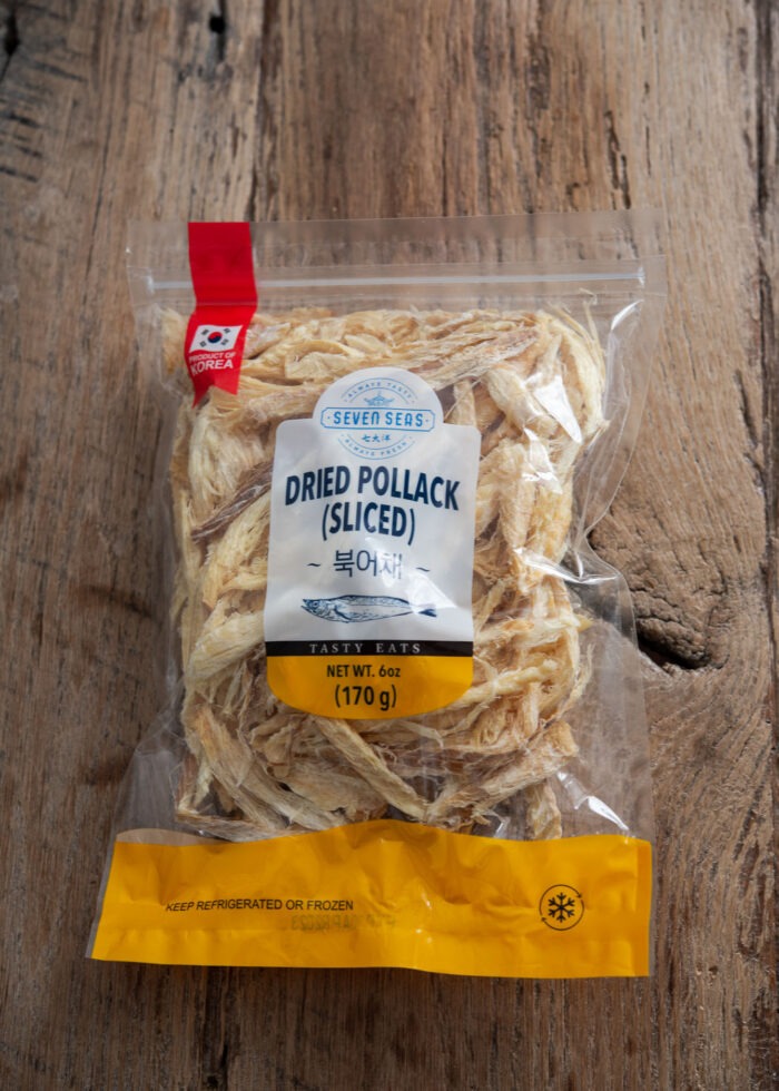 A bag of dried shredded pollock is shown.