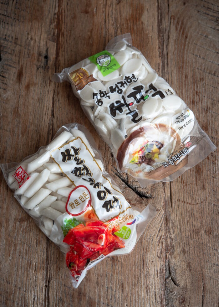 Two types of Korean rice cakes in their package are shown.
