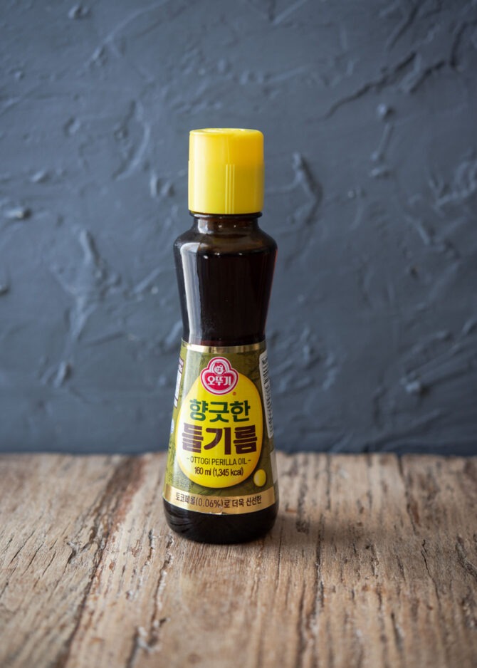 Korean perilla oil is in a dark brown bottle