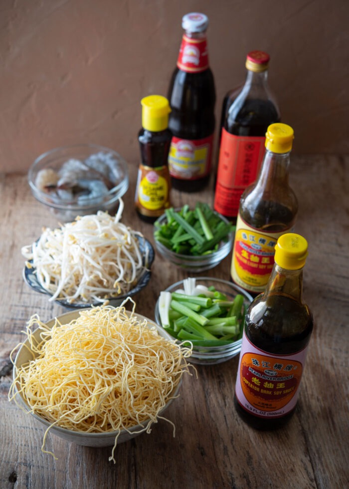 Ingredients for making cantonese pan fried noodles are displayed together on the counter.