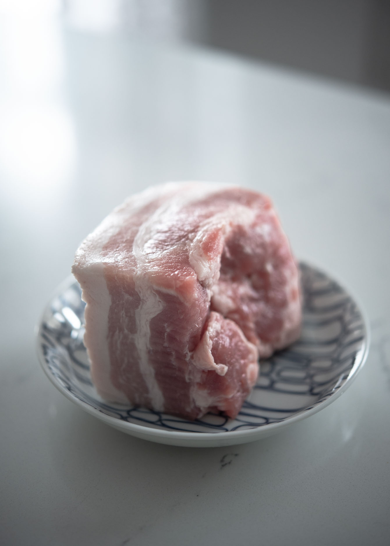 A chunk of pork belly is on a small plate showing the fat and flesh layers