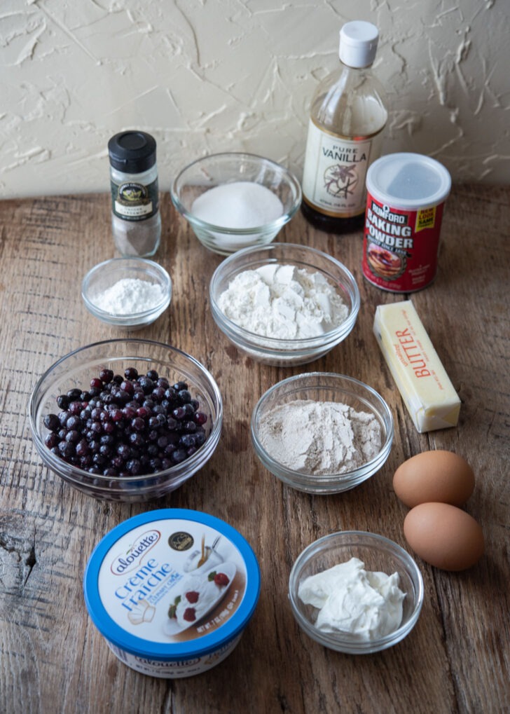Ingredients for making Finnish blueberry pie, Mustikkapiirakka.