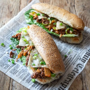 Philly style bulgogi cheesesteaks are ready to serve.