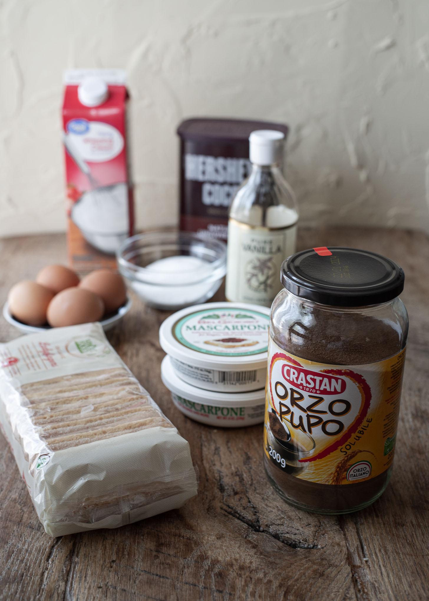 Ingredients for making coffee-free barley tiramisu.