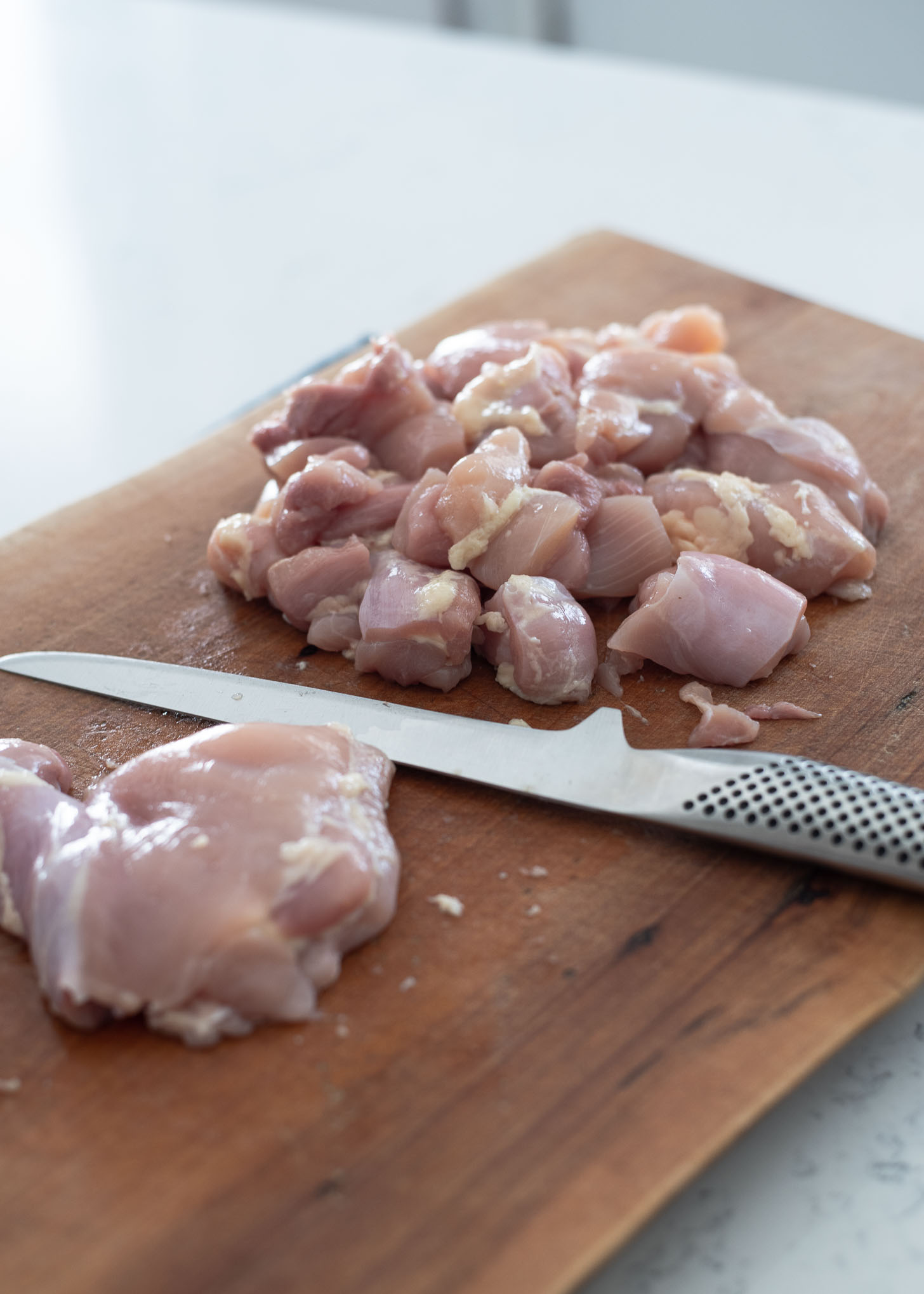 Boneless skinless chicken thigh diced into small pieces.