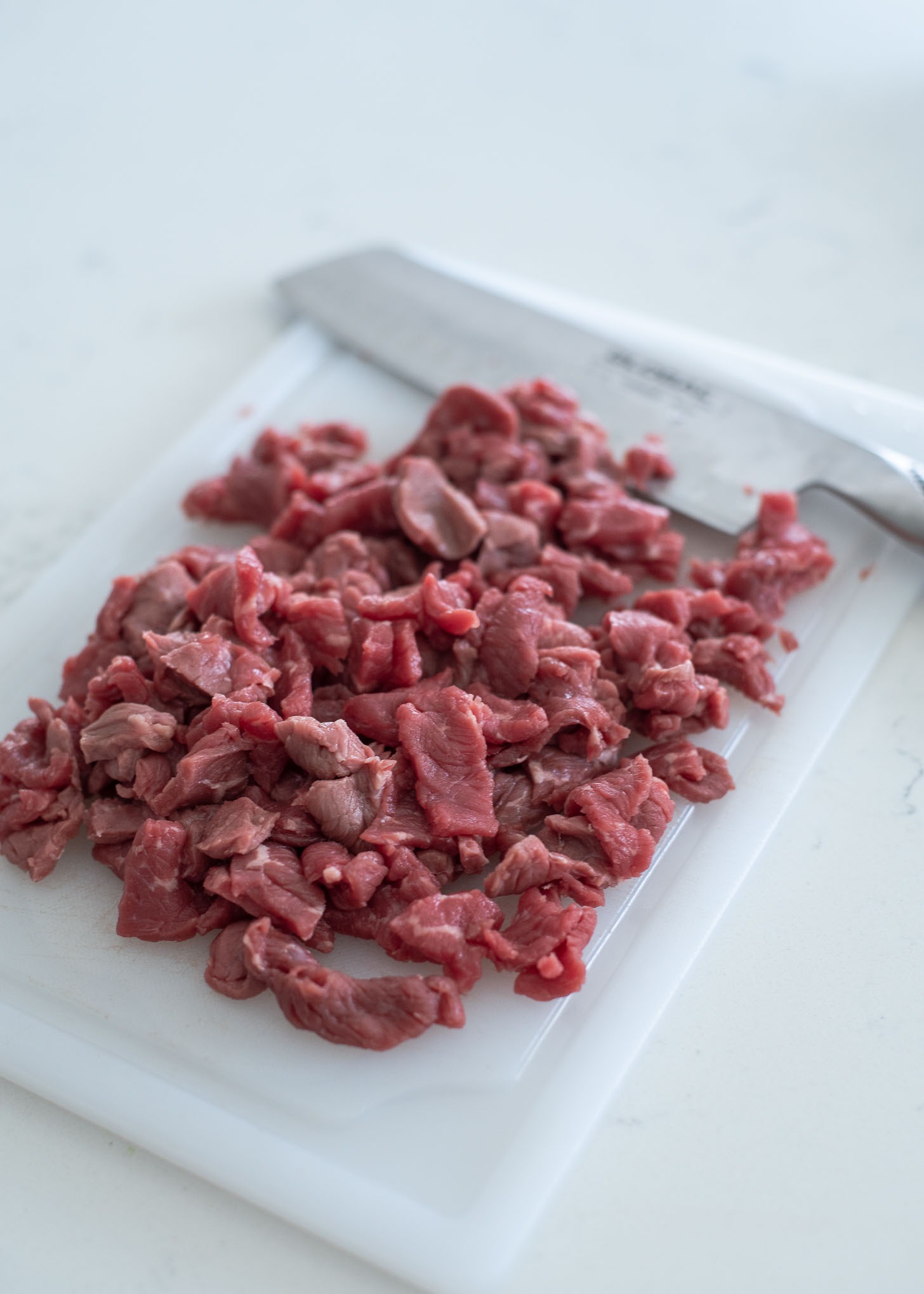 This beef slices are diced into bite size pieces.