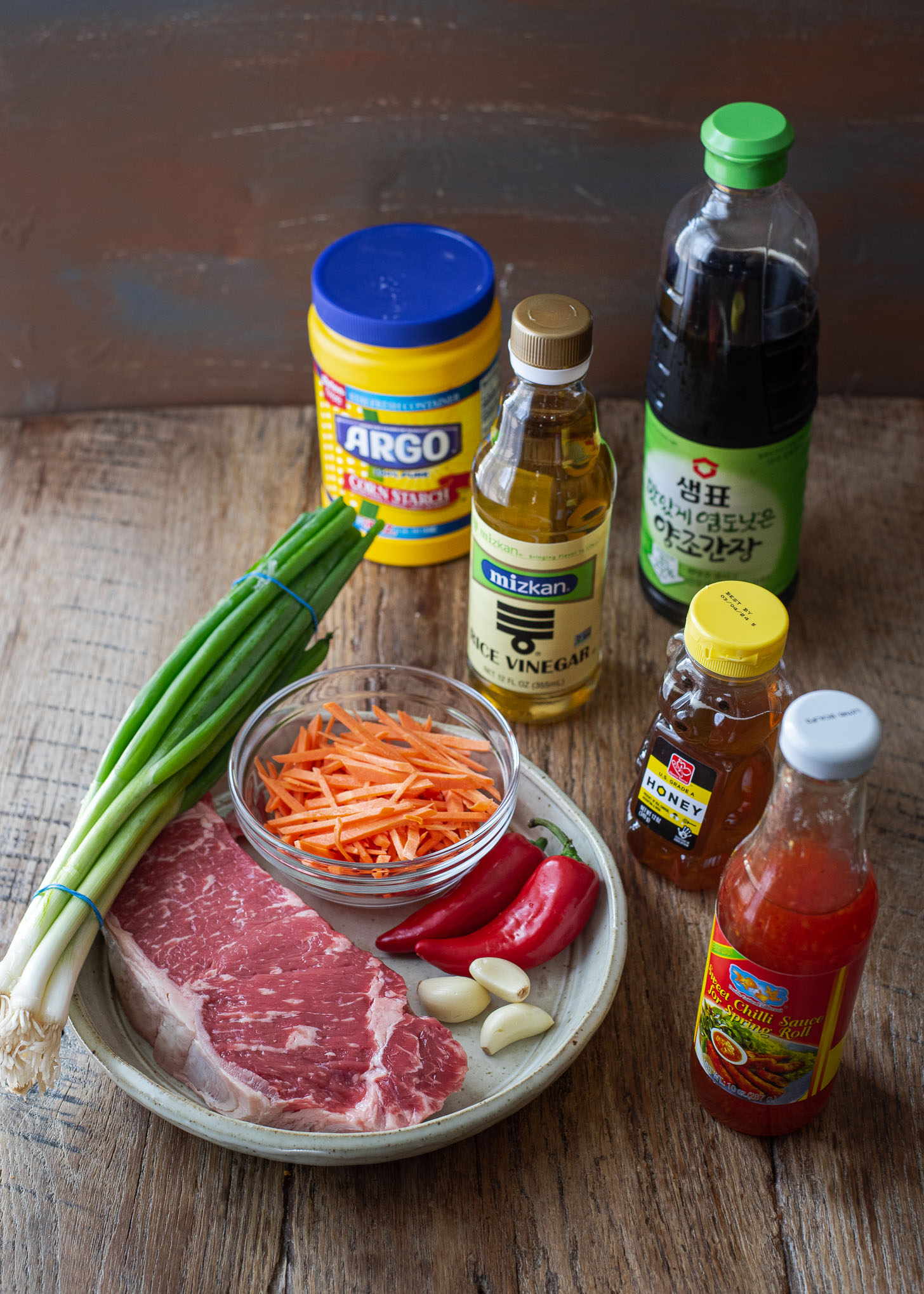 Ingredients to make Chinese crispy beef are collected.