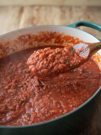 This homemade spaghetti sauce is thick and hearty.