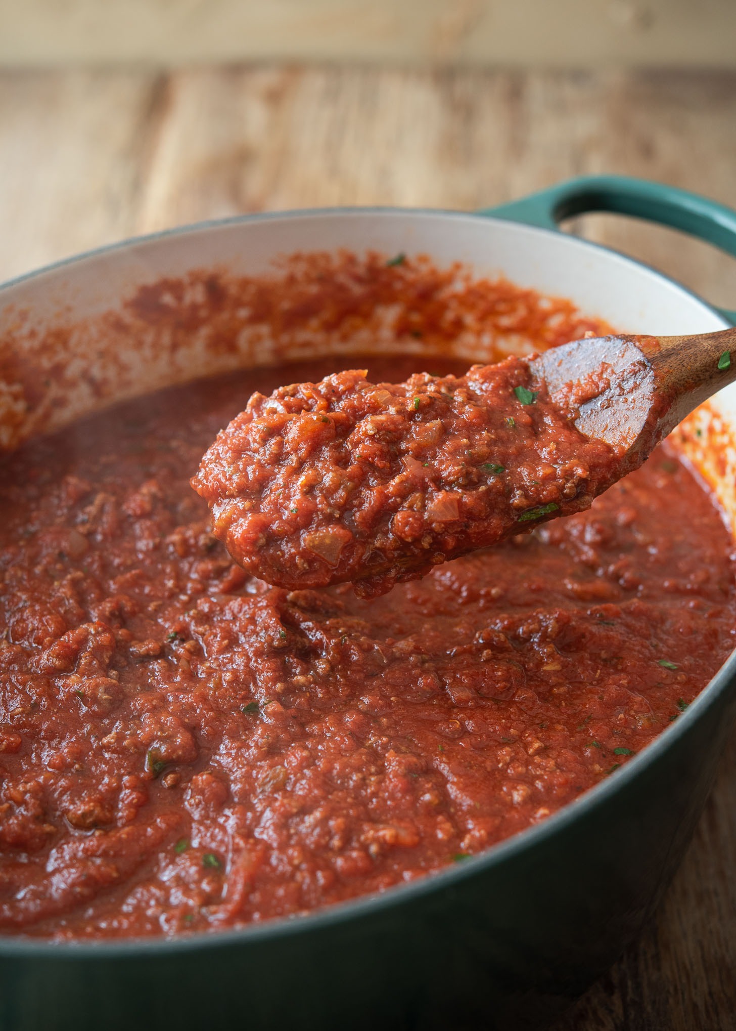 This homemade spaghetti sauce is thick and hearty.