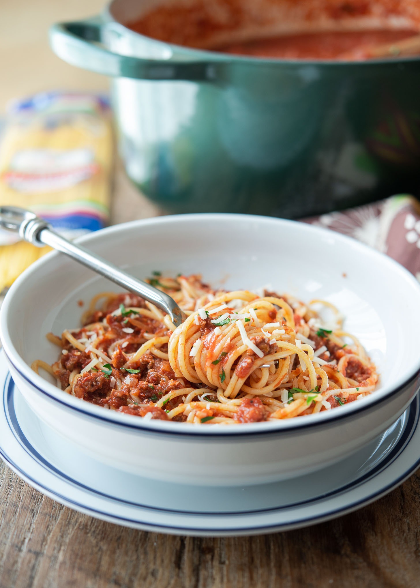 Spaghetti noodles coated with thick spaghetti sauce.