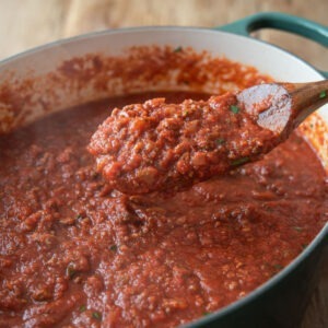 This homemade spaghetti sauce is thick and hearty.