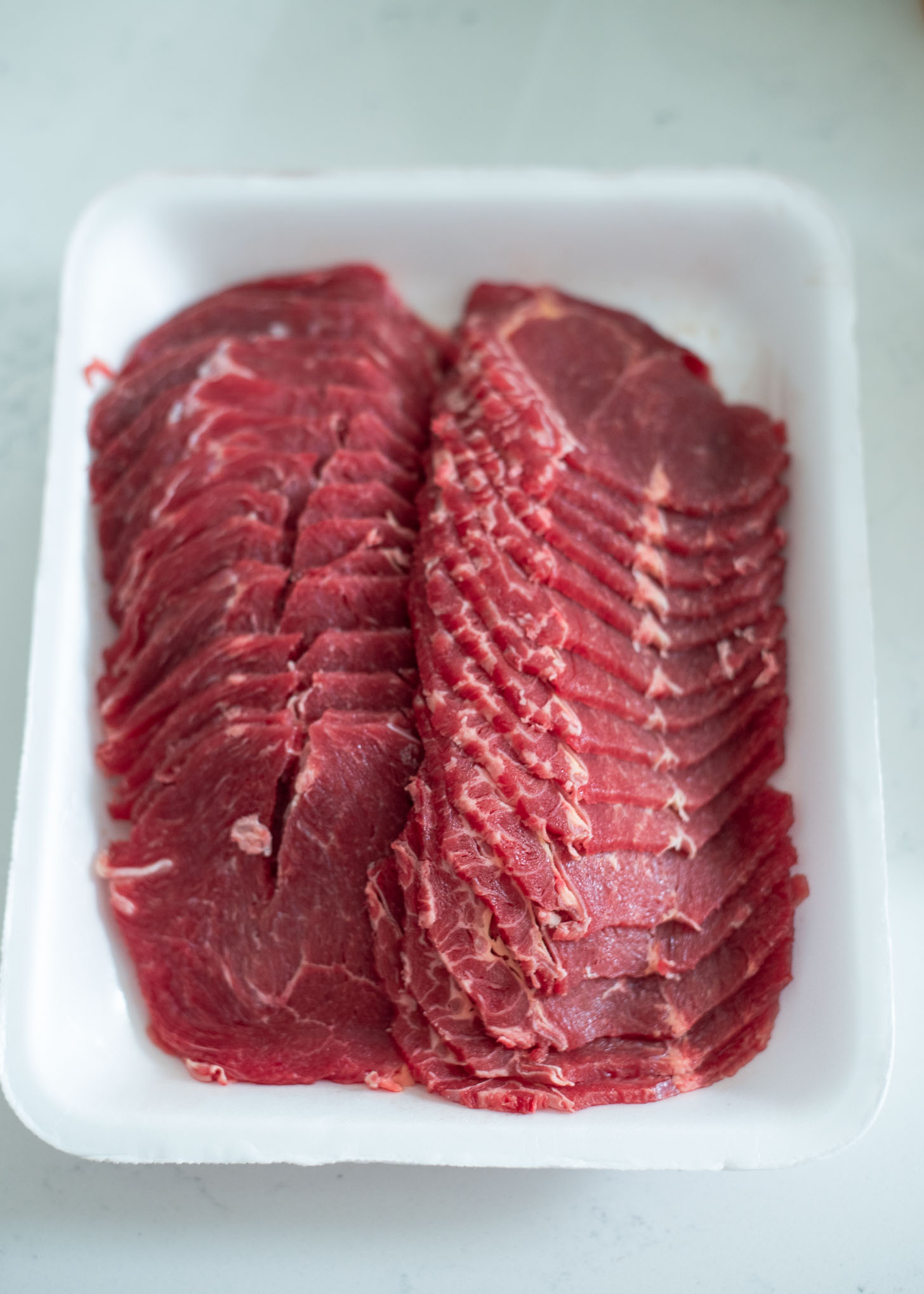 Thinly sliced sirloin beef for making Korean bulgogi recipe.