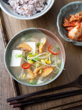 Dried pollock soup with soybean sprouts and tofu is a quick Korean breakfast