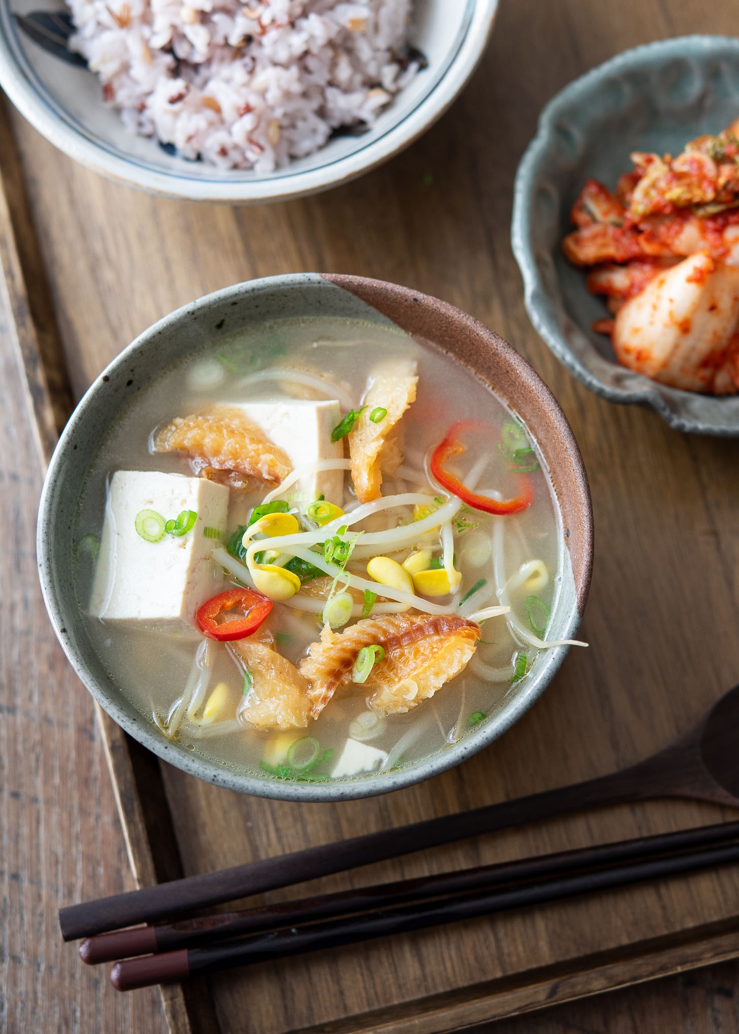 Dried pollock soup with soybean sprouts and tofu is a quick Korean breakfast