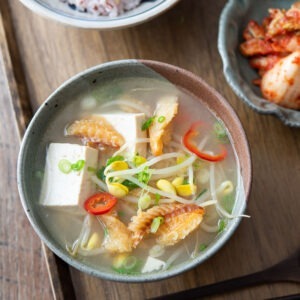 Dried pollock soup with soybean sprouts and tofu is a quick Korean breakfast