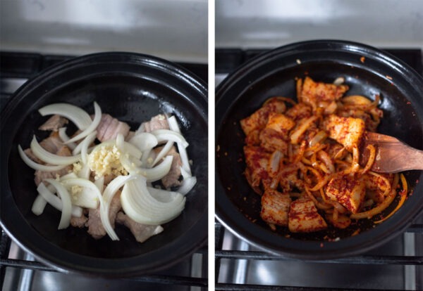 Onion and pork belly are stir-fried with Korean chili flakes to make kimchi jjigae.