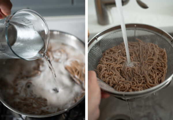 Soba noodles are cooked and rinsed in cold water.