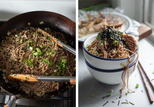 Soba noodles are added to green onion sauce and served with crumbled seaweed topping.