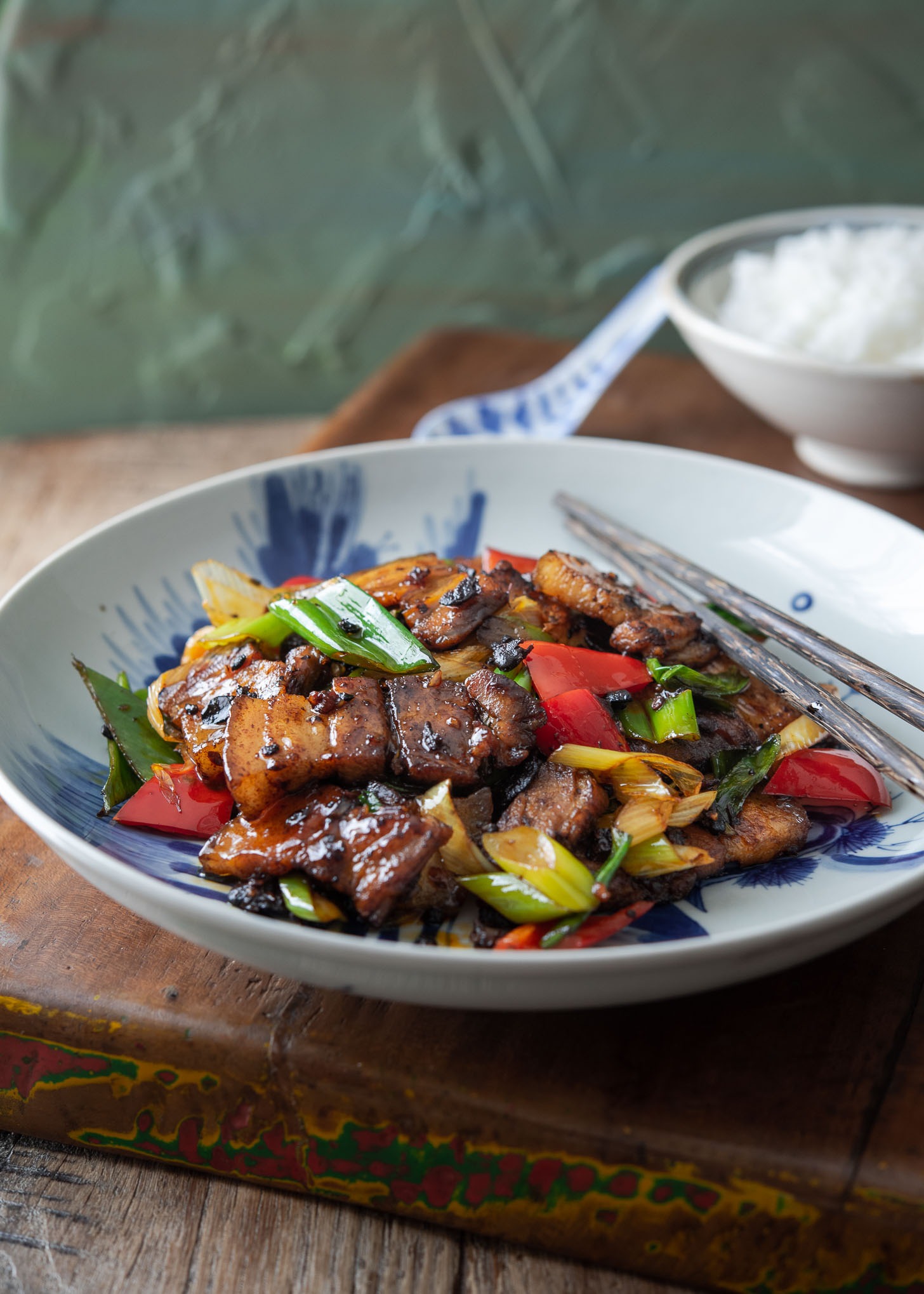 Chinese twice cooked pork (Sichuan pork stir-fry) presented on a serving dish.
