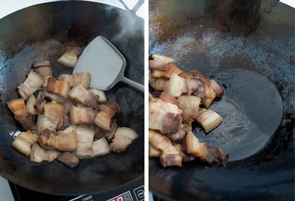 Pork belly slices are stir-fried in a wok to make twice cooked pork.