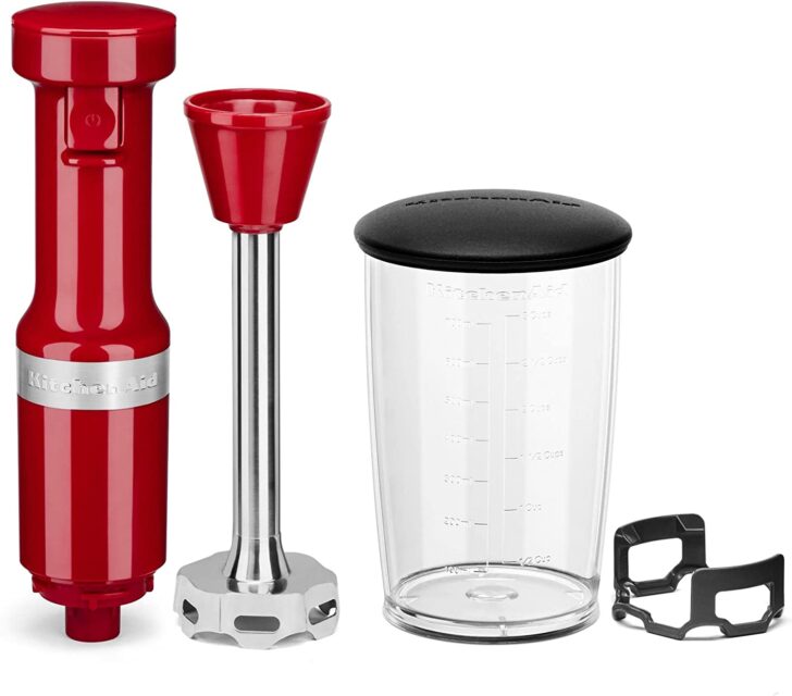 A hand blender and the accessories.