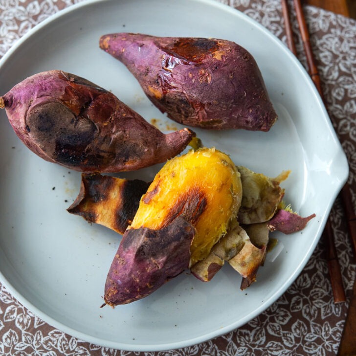 Pan roasted Korean sweet potato is peeled and shows the caramelization in the flesh.