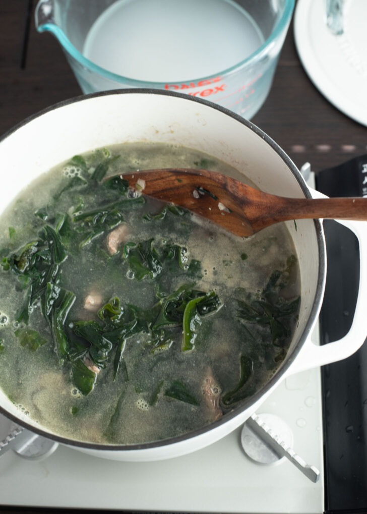 A pot of seaweed soup (miyeokguk) simmering.
