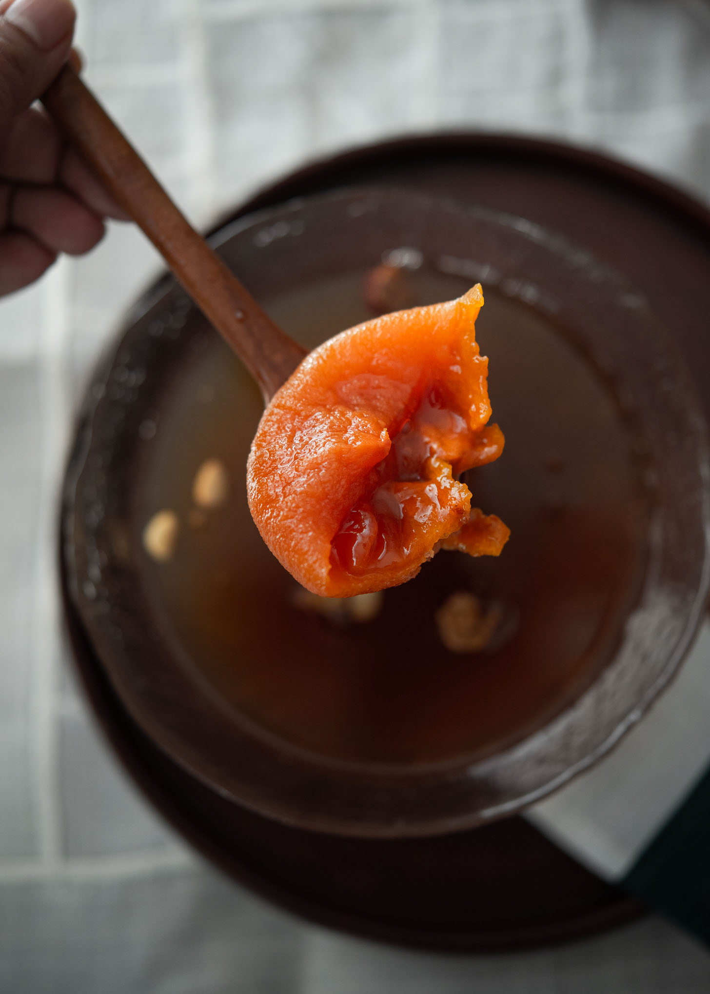 Dried persimmon after soaking is plumped up and soft.