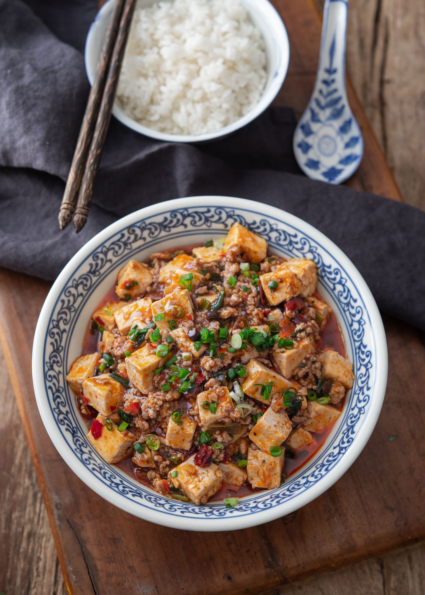 A top view of a bowl of mapo tofu and rice.