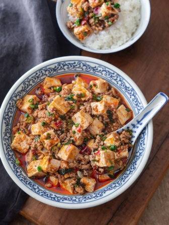 Mapo tofu is dished in a blue bowl with a spoon.