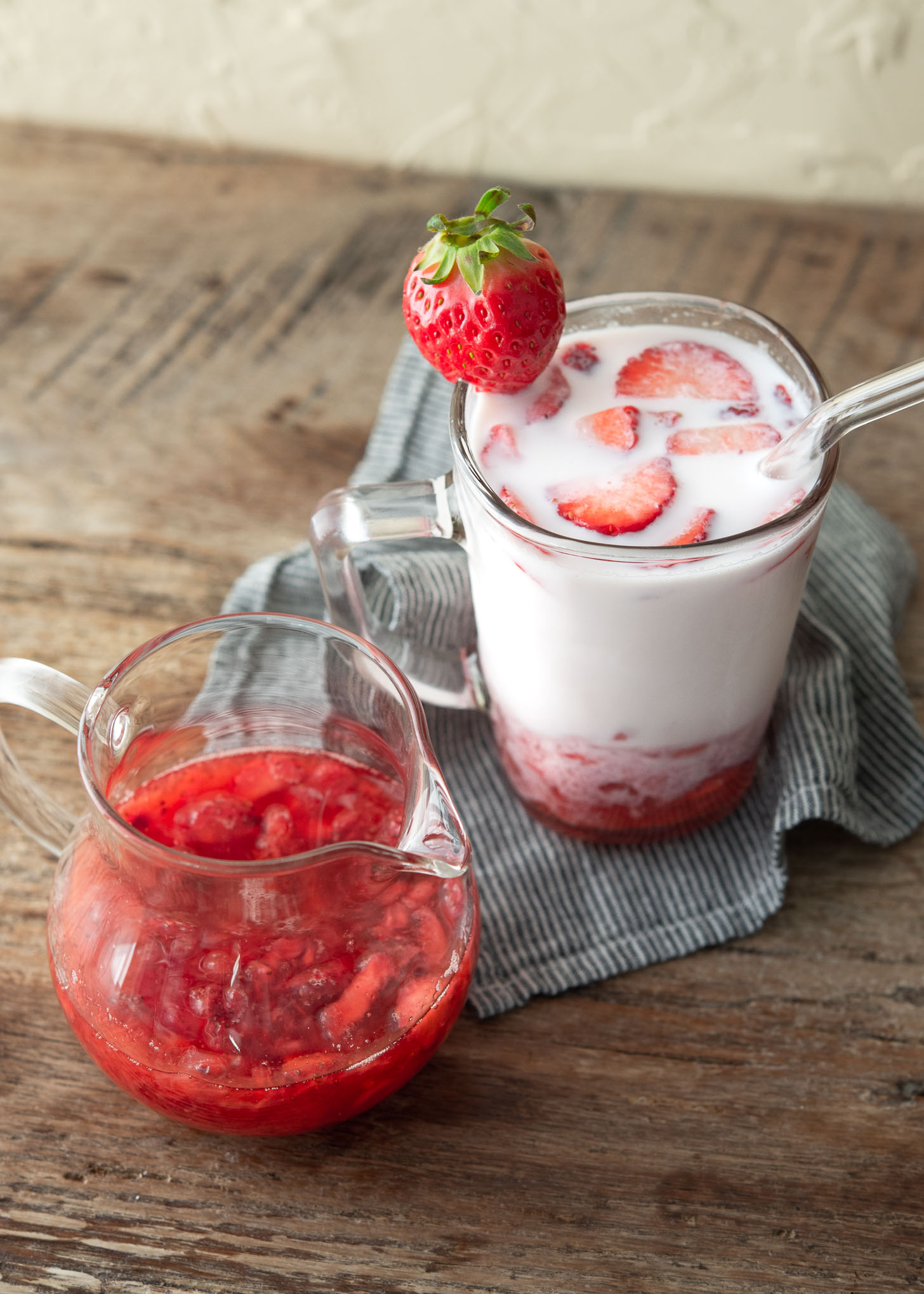 Fresh homemade strawberry syrup is used to make Korean strawberry milk.