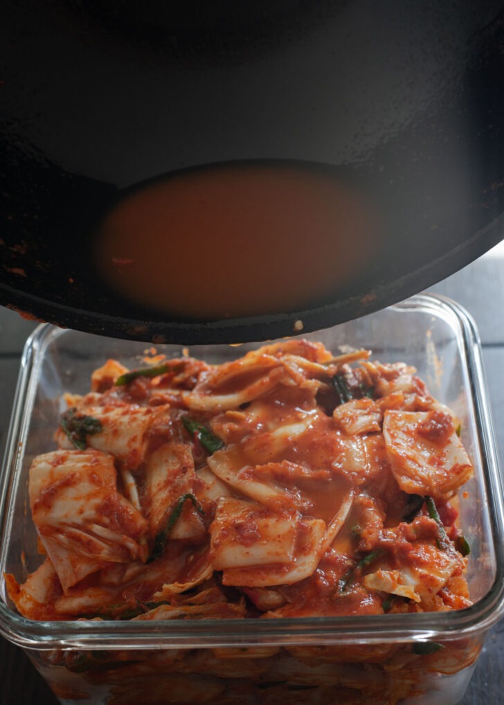 Extra liquid added and poured back on kimchi.