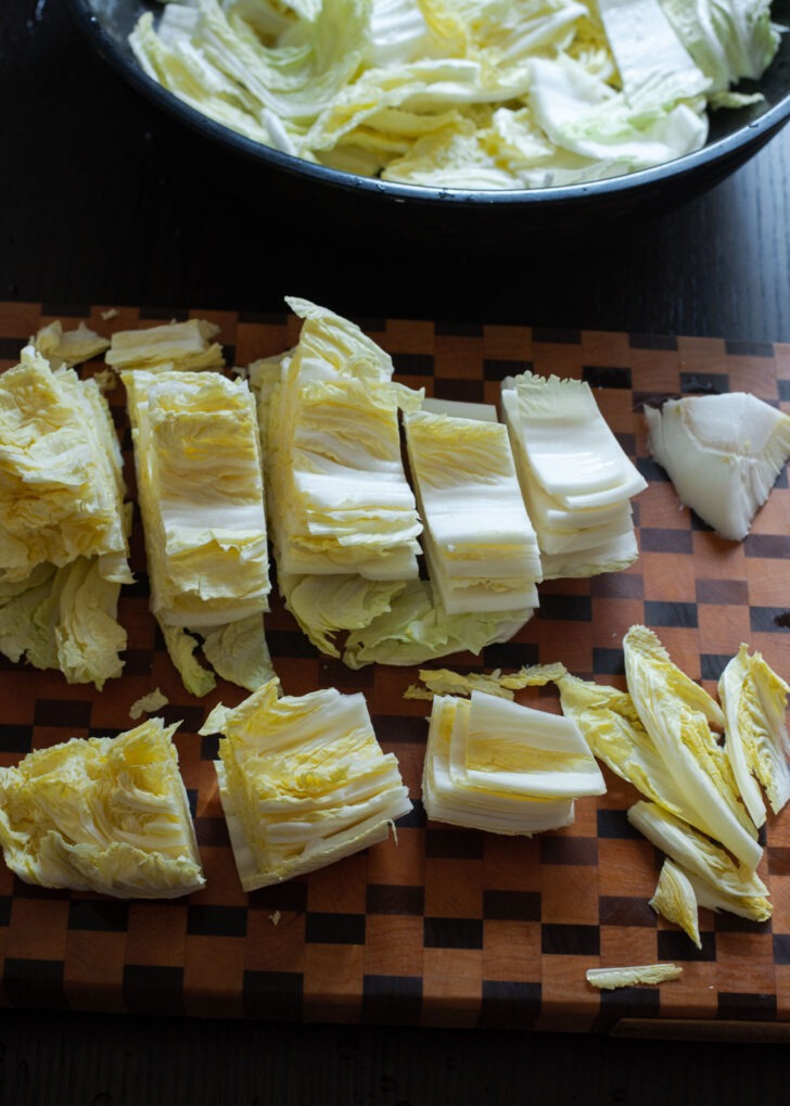 Napa cabbage leaves sliced into pieces to make kimchi.