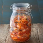 Vegan kimchi is stored and is fermenting in a glass jar.