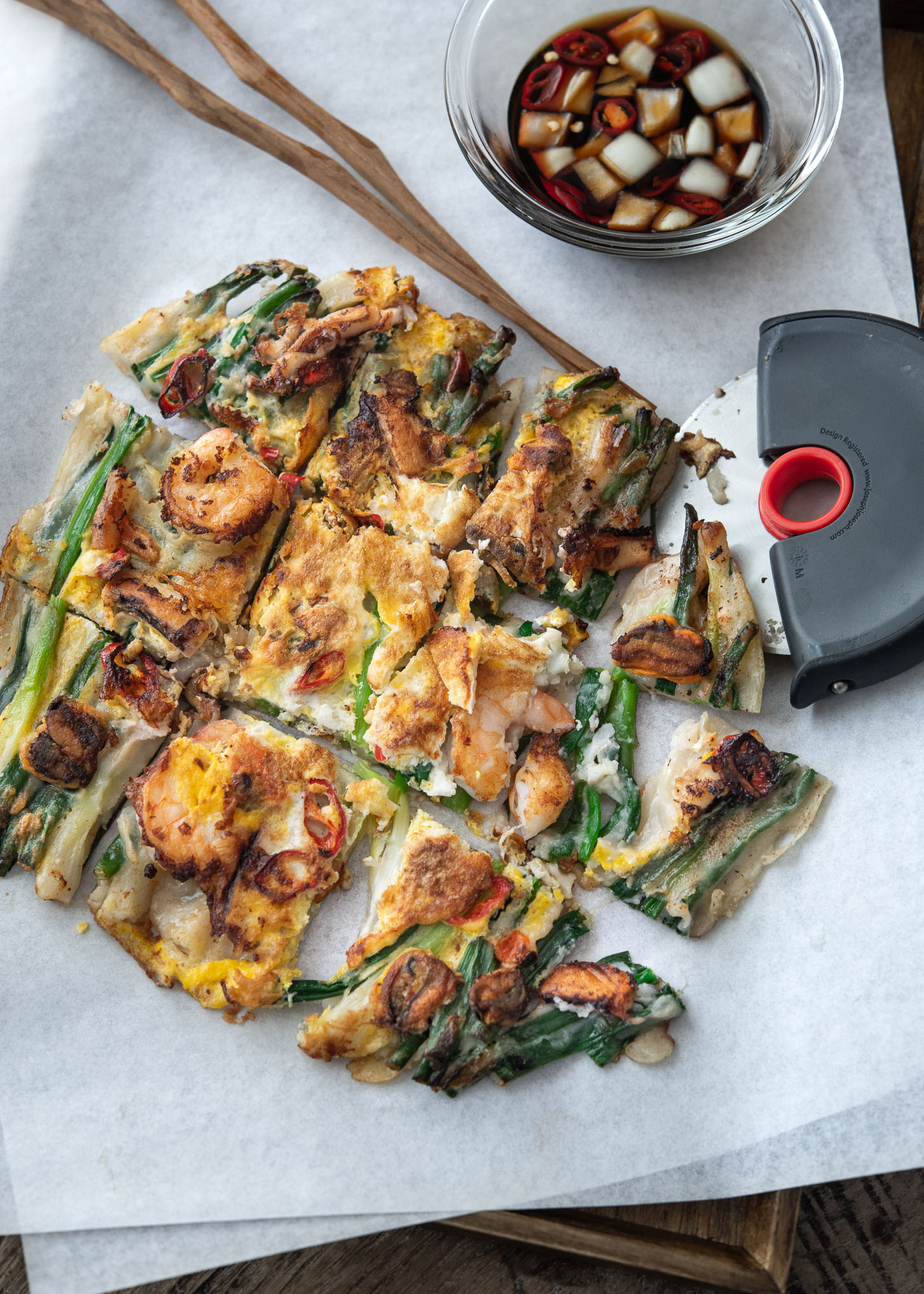 Crispy haemul pajeon and dipping sauce.