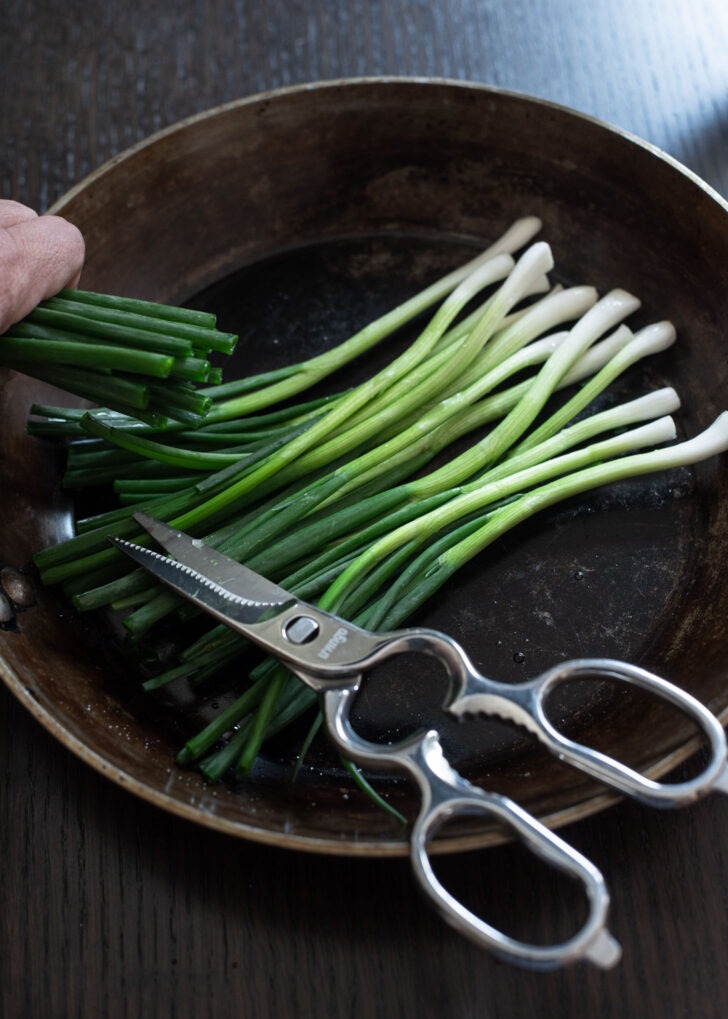 Cutting off the extra length of scallions to fit into the skillet for pajeon recipe.