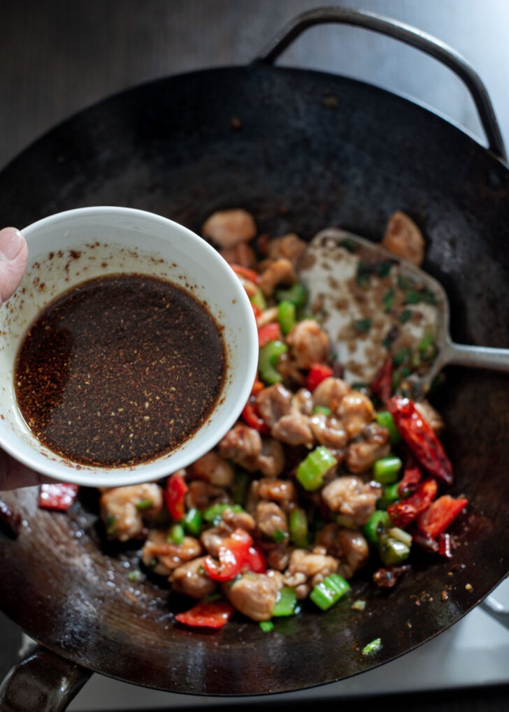 Authentic Kung pao sauce added to the chicken and vegetables.