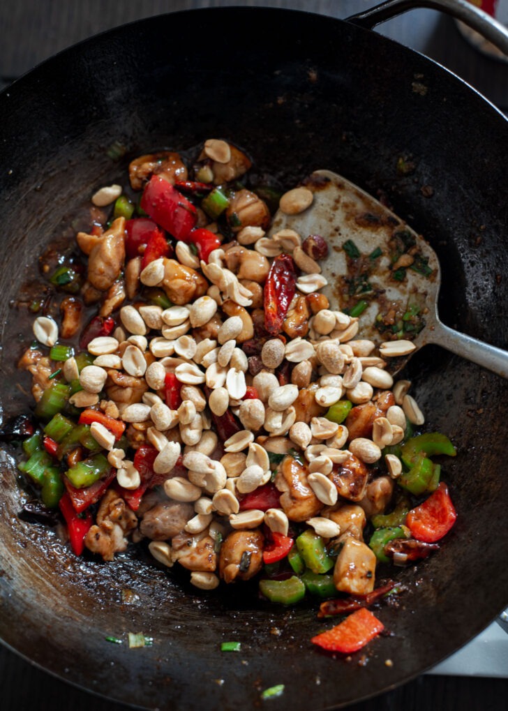 Dy roasted peanuts added to the chicken and vegetables stir-fry.